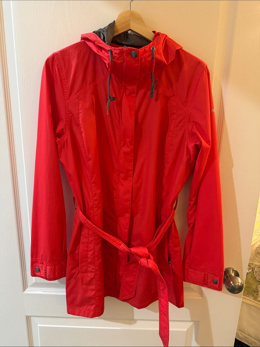 Red Hooded Trench Coat with Waist Tie